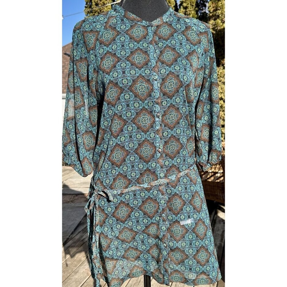 Canyon River Blues Medallion Top Tunic Belt Button Up 3/4 Sleeve Sheer Bohemian